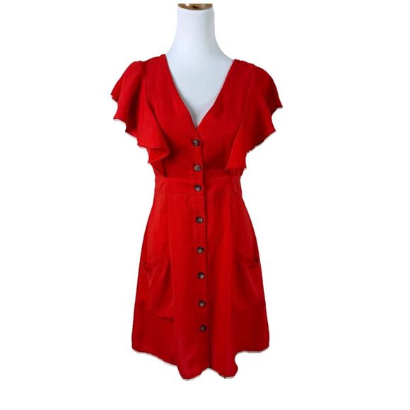 Milk & Honey Red Ruffle Dress Size Medium V-Neck Waist Tie Button Front - Picture 1 of 9